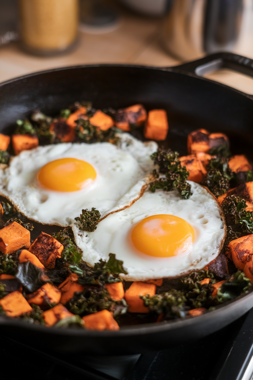 Indoor photo of diced sweet potato and kale hash in a skillet with two sunny-side-up eggs nestled on top. No text or logos.