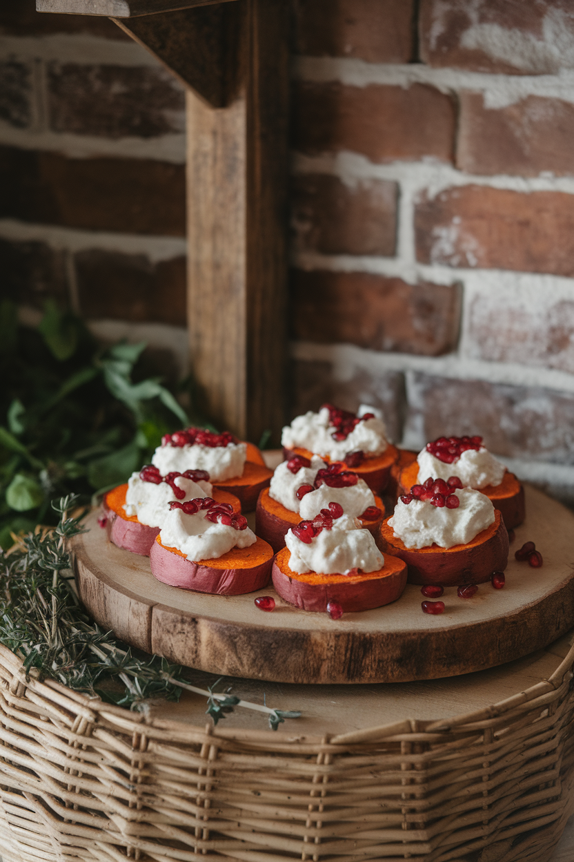 An indoor wooden platter lined with roasted sweet-potato rounds crowned by creamy goat cheese and pomegranate arils, no text or logos.