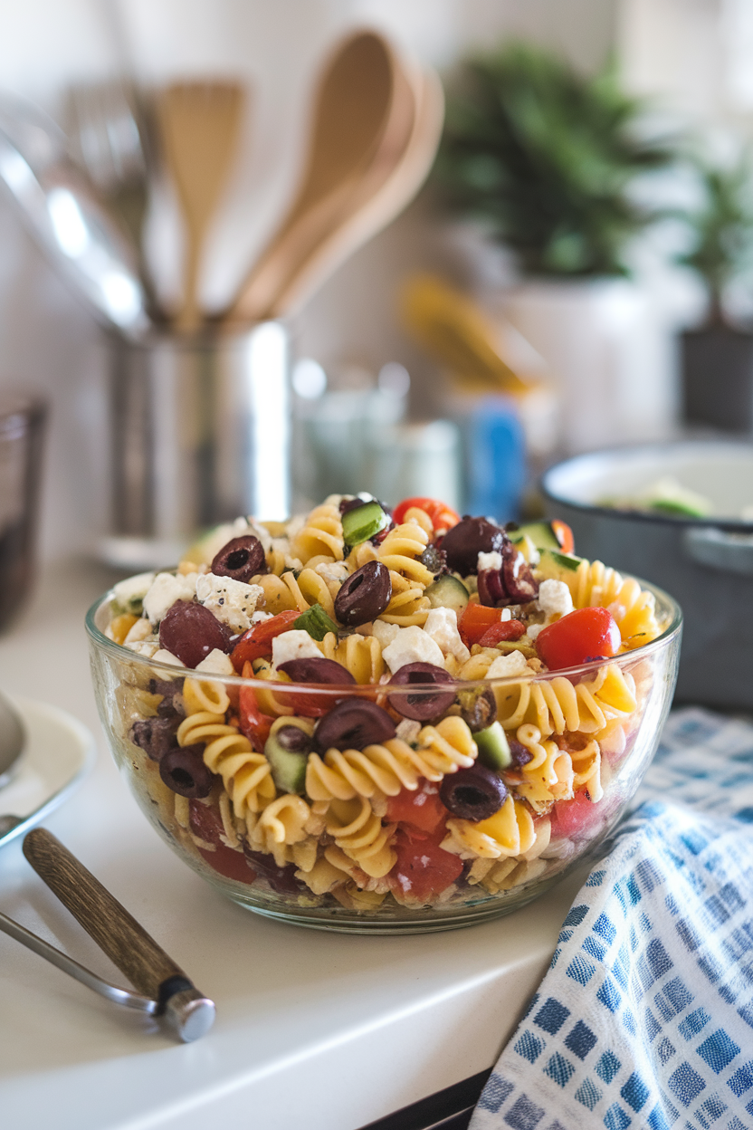 Indoor countertop view of colorful rotini pasta salad mixed with olives, feta, cherry tomatoes, and cucumber. No text or logos. Photo only.