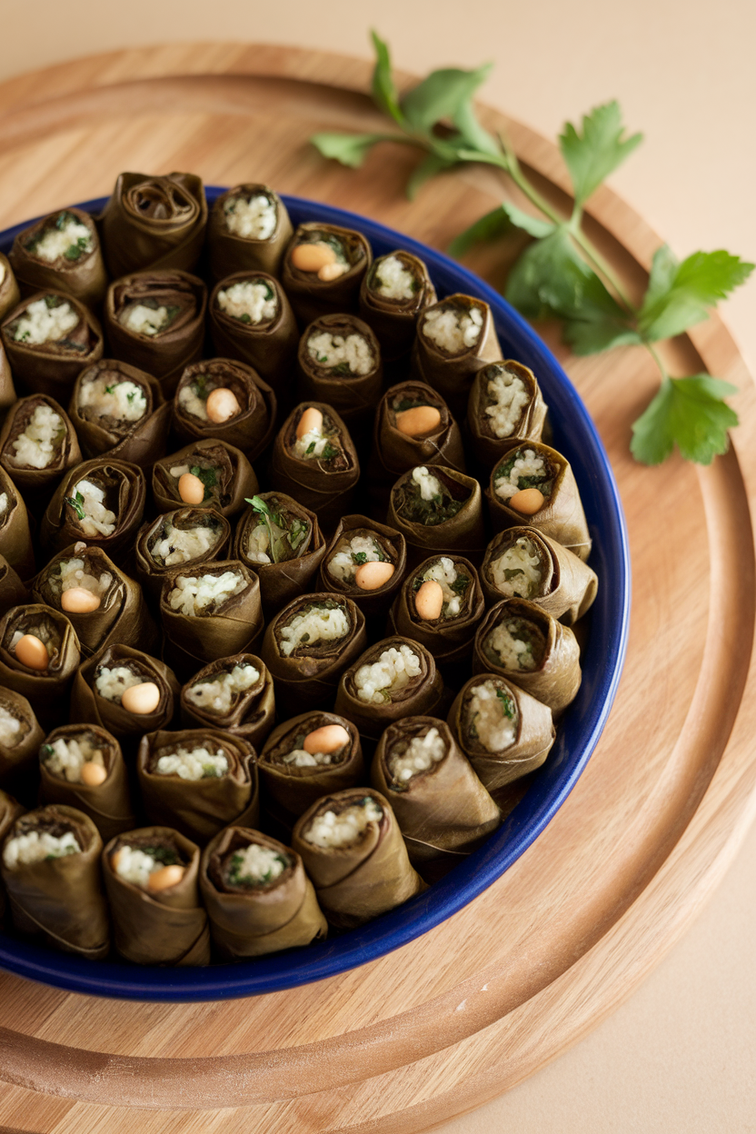 Indoor photo of tightly rolled grape leaves stuffed with pine nuts and parsley rice, arranged in concentric circles on a ceramic dish. No visible text or logos.