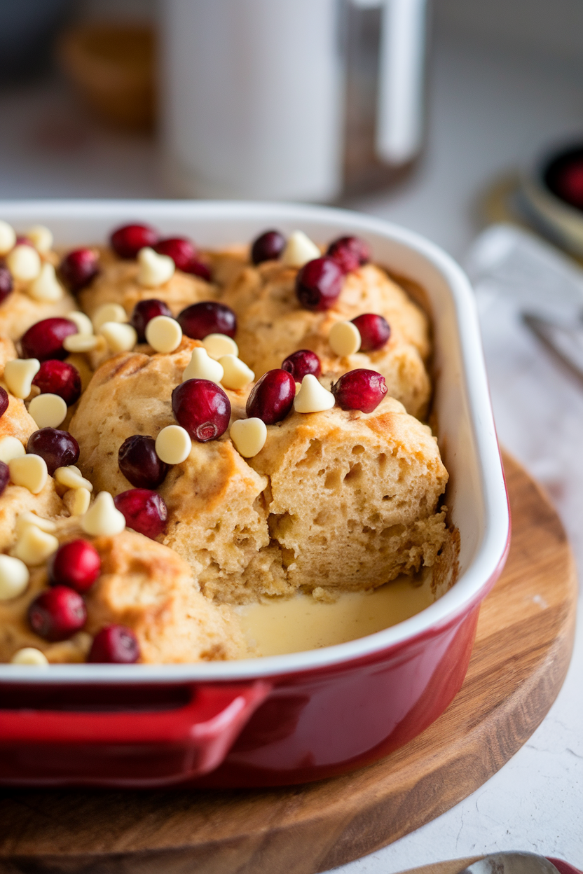 Casserole dish indoors with scooped bread pudding, cranberries and white chocolate visible, custard pooled. No logos or text.