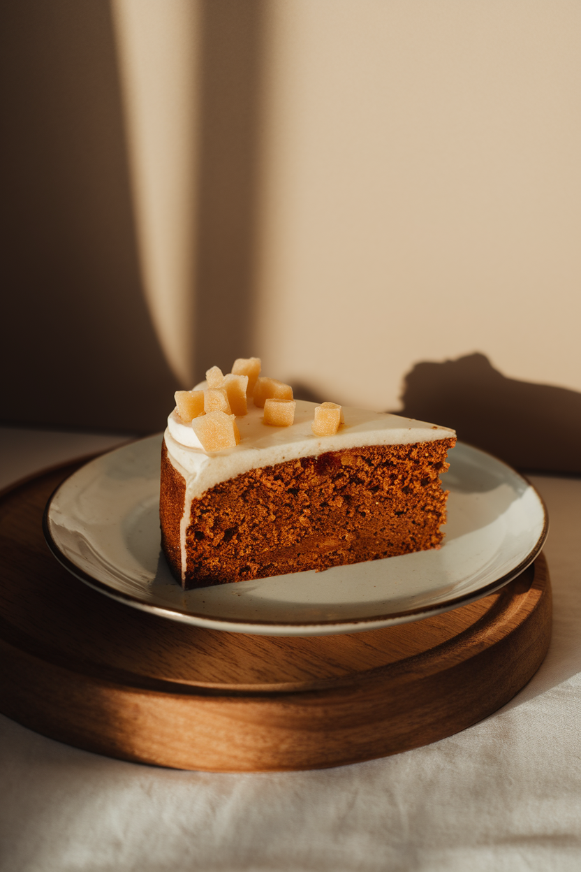 A warmly lit indoor plate holding a spiced ginger cake slice with espresso frosting and tiny candied ginger cubes on top. No text or logos. Photo, not illustration.