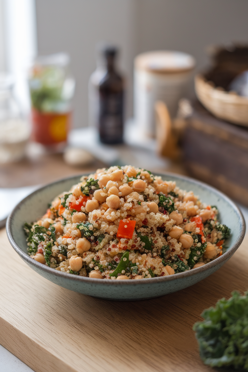 A wooden indoor table featuring a large shallow bowl of quinoa salad mixed with chickpeas, shredded kale, and diced bell peppers. No text or logos in scene.