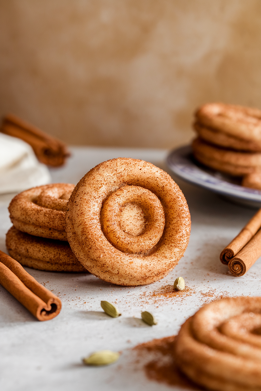 Indoor tabletop with snickerdoodles coated in speckled chai spice sugar, cinnamon sticks and cardamom pods scattered nearby. Photo, no text or logos.