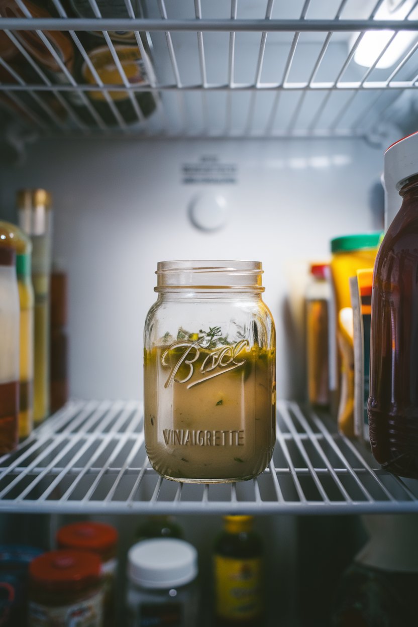 Photo of a mason jar indoors containing vinaigrette, herbs visible, sitting on a refrigerator shelf. Soft fridge light, no text or logos.