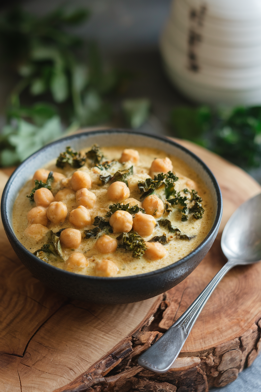 Indoor photo of a bowl of creamy coconut chickpea curry speckled with kale; no text or logos