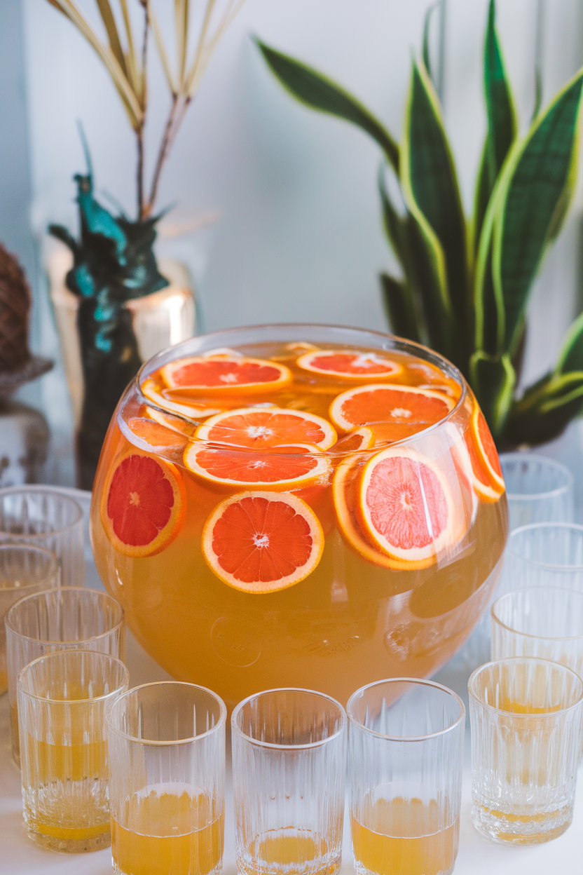 Indoor punch bowl filled with orange and grapefruit slices floating in a fizzy golden liquid, surrounded by stemless glasses; no text or logos