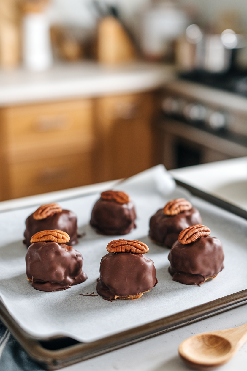 Indoor countertop with homemade chocolate-covered caramel pecan turtles on parchment, no text or logos
