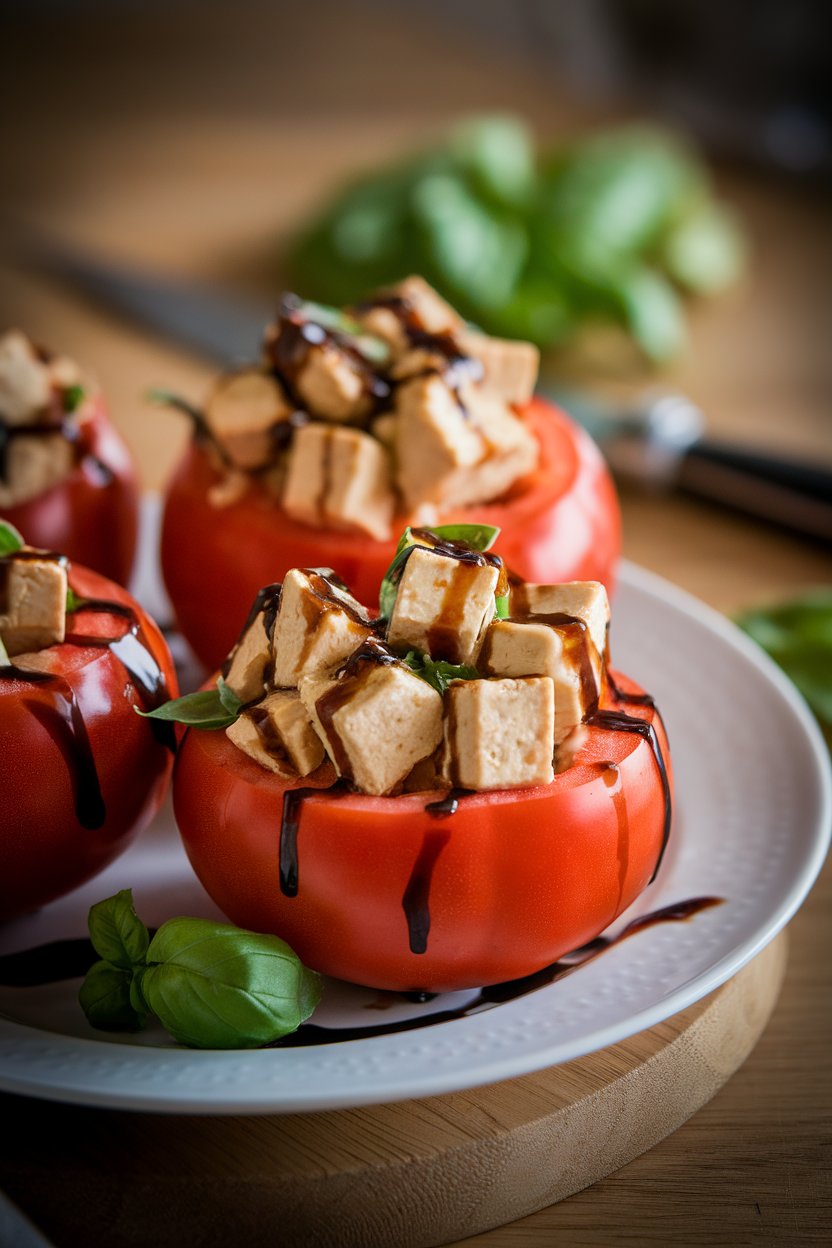Indoor plate with large tomatoes filled with diced tofu, basil, and balsamic glaze drizzle; soft directional light, no text or logos.
