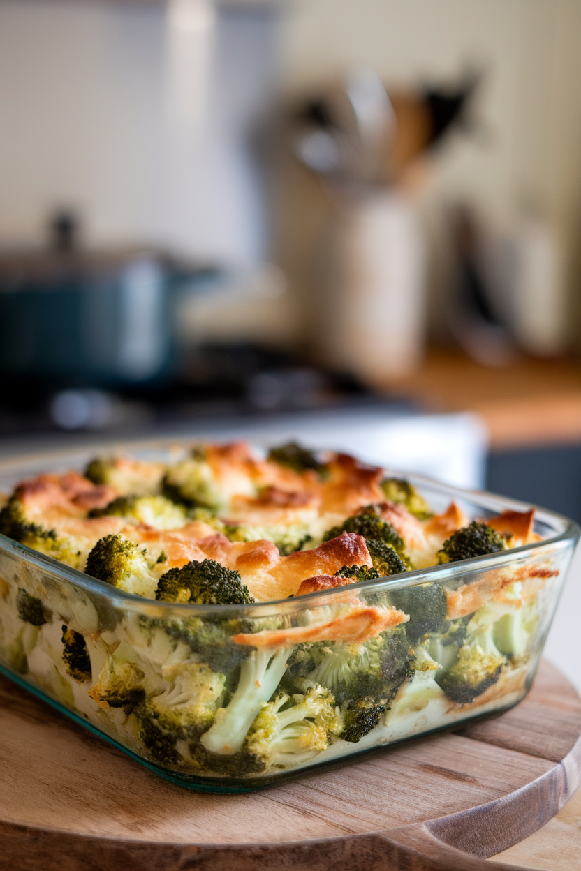 Indoor photo of broccoli casserole topped with melted cheddar in a square glass dish, no text or logos