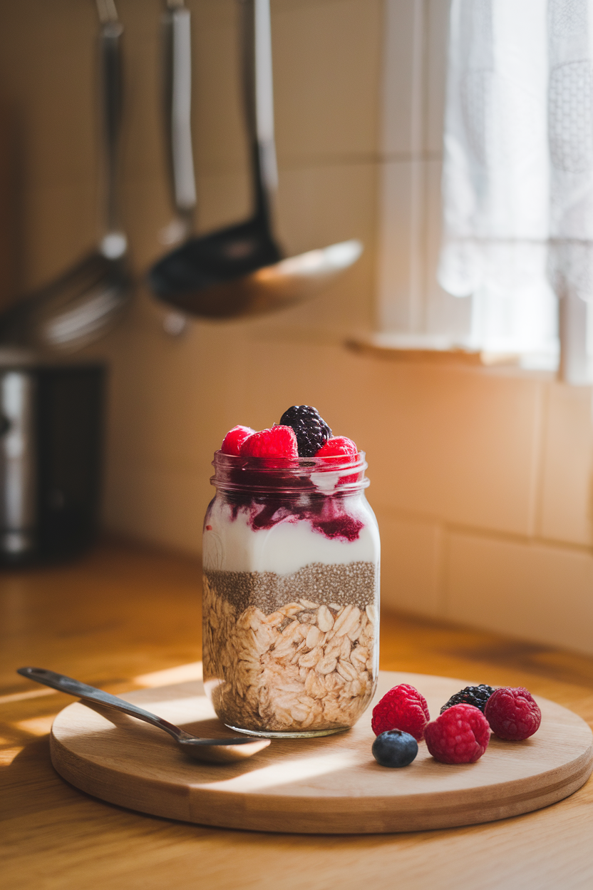 A warmly lit indoor kitchen counter with a mason jar layered with rolled oats, chia seeds, almond milk, and a topping of mixed berries. No text or logos in frame; photo, not illustration.