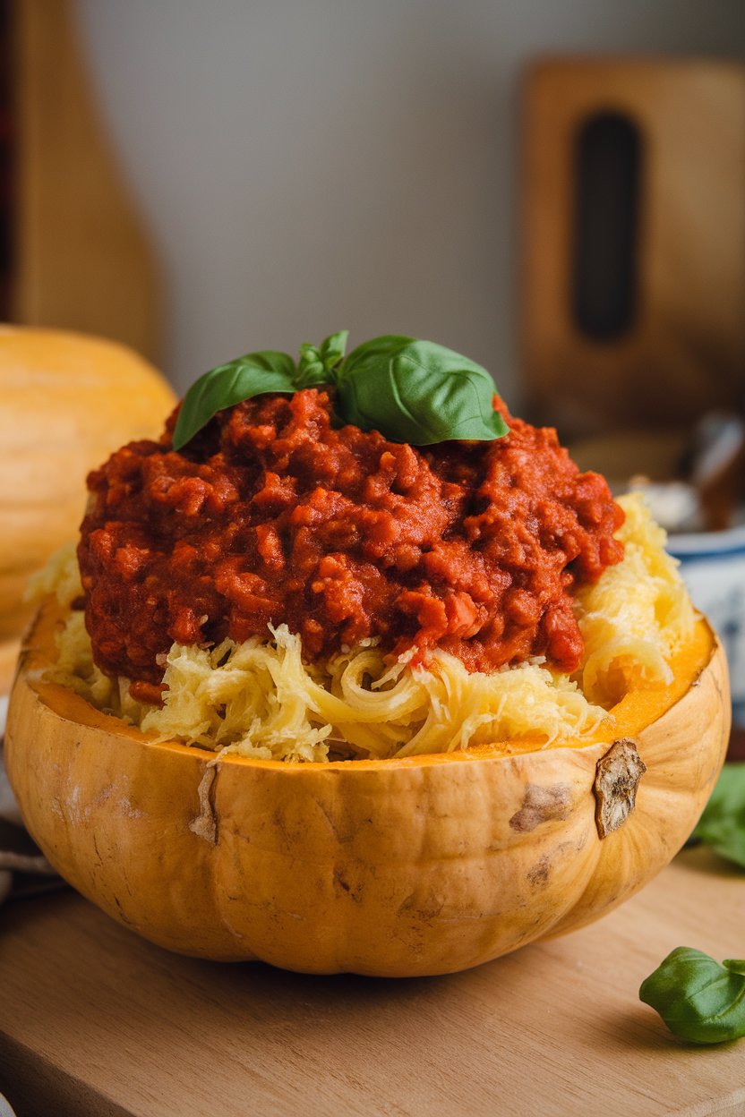 Indoor photo of spaghetti squash strands topped with rich red turkey Bolognese sauce, garnished with fresh basil, no text or logos.