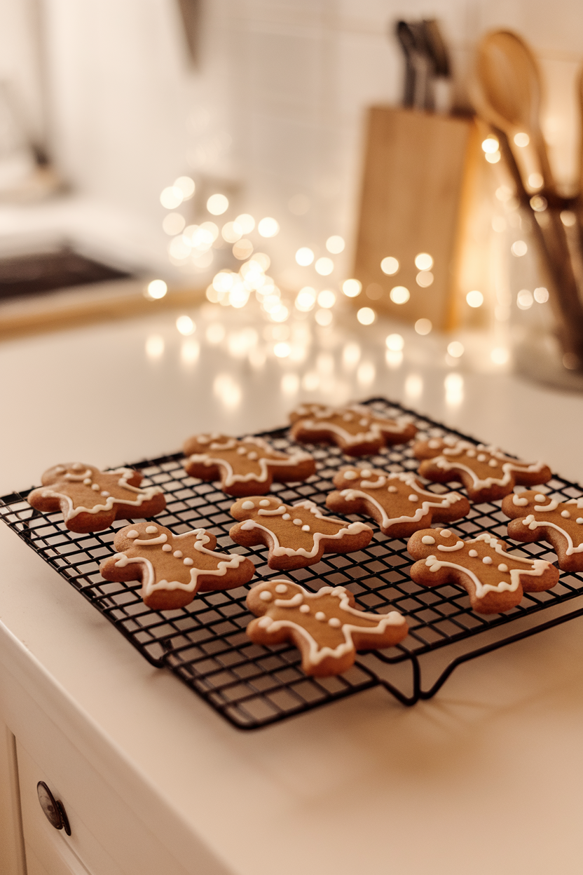 An indoor kitchen counter scene featuring a warm-toned photo of gingerbread man cookies cooling on a wire rack, each decorated with simple white royal icing details; soft holiday lights blurred in the background; no text or logos.