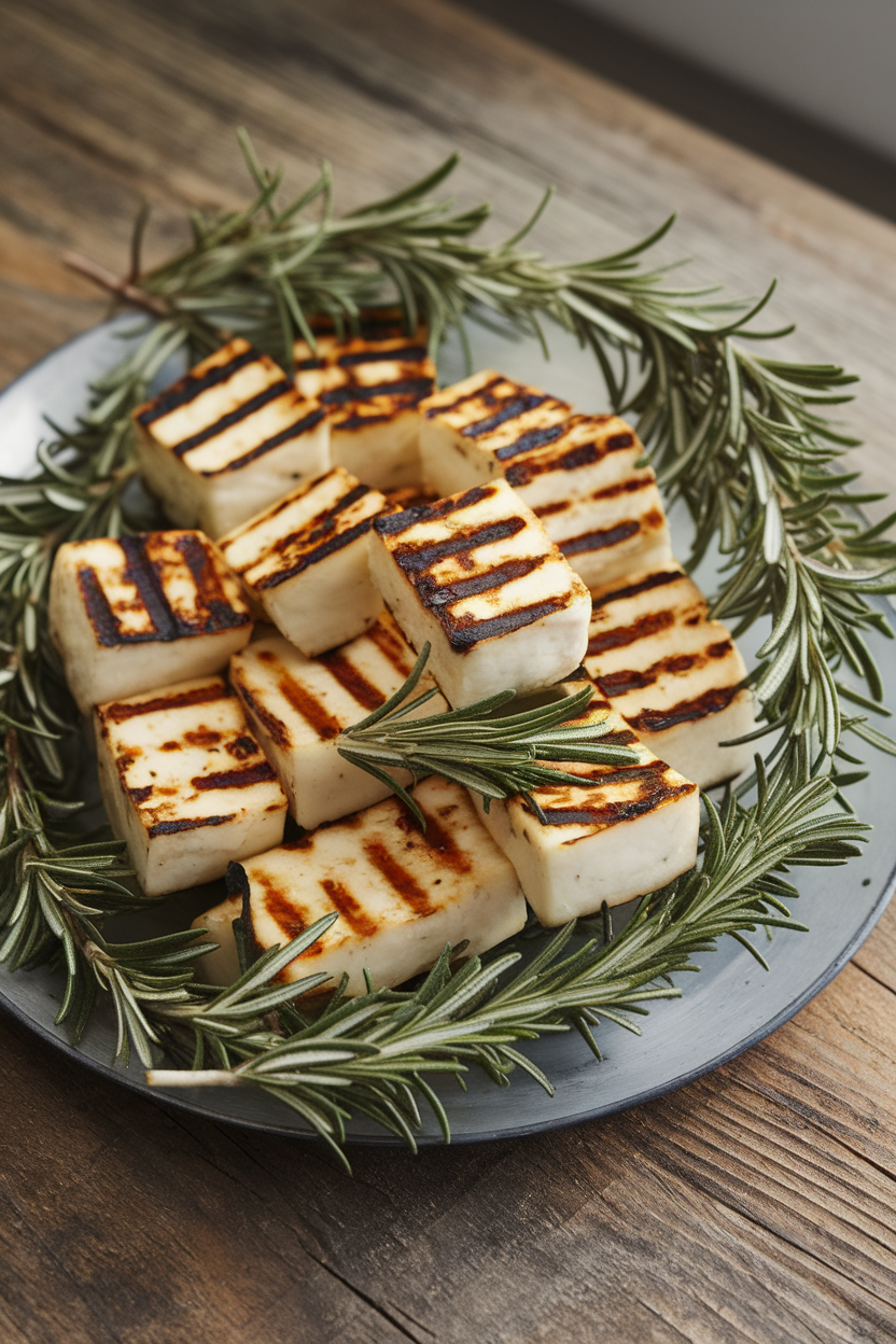 An indoor platter featuring cubes of grilled halloumi threaded on rosemary sprigs, char marks visible, no text or logos.