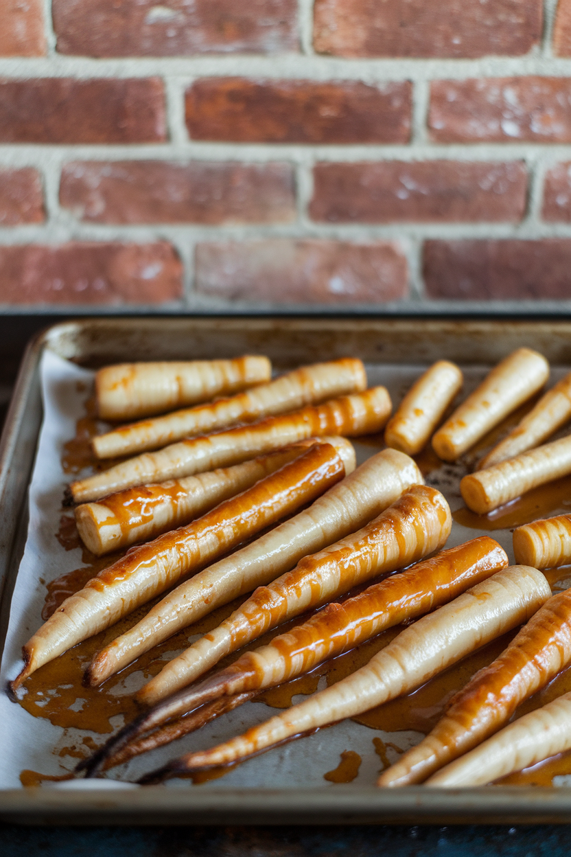 An indoor baking sheet of roasted parsnip batons coated in shiny maple-mustard glaze, edges caramelized. This should be a photo, not an illustration. No text or logos anywhere in the scene.