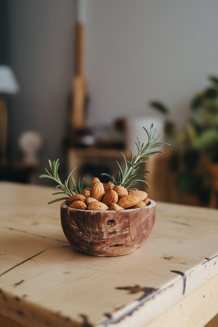 Photo of roasted almonds coated with rosemary in a small wooden bowl on a coffee table indoors. No text or logos.