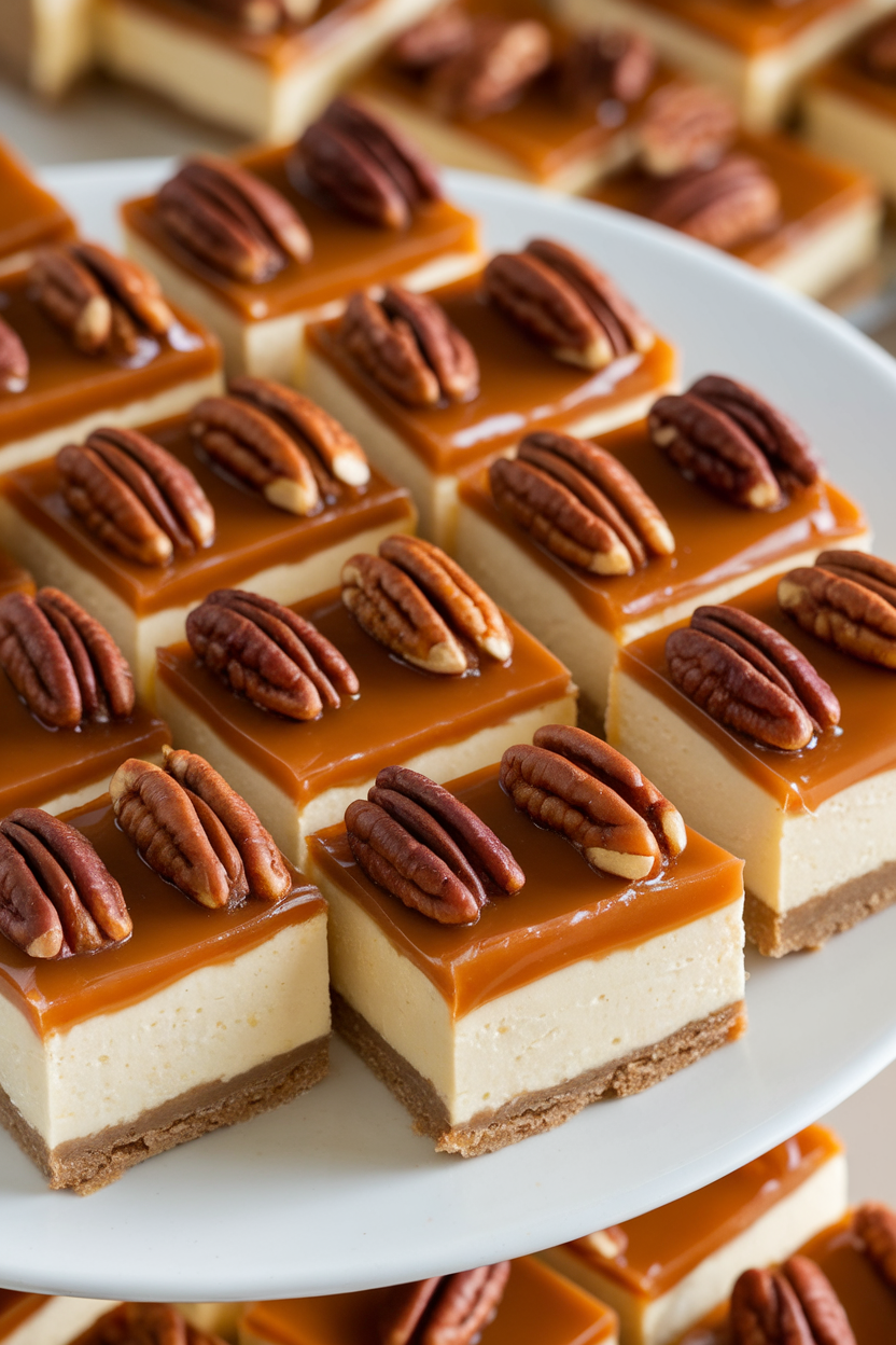Indoor square cheesecake bars topped with glossy caramel and toasted pecans arranged neatly on a plate; no logos. Photo, not illustration.
