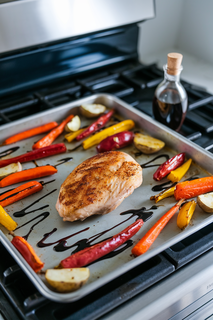 A sheet-pan on an indoor stovetop holding a single chicken breast, colorful roasted vegetables, and a balsamic drizzle. No text or logos.