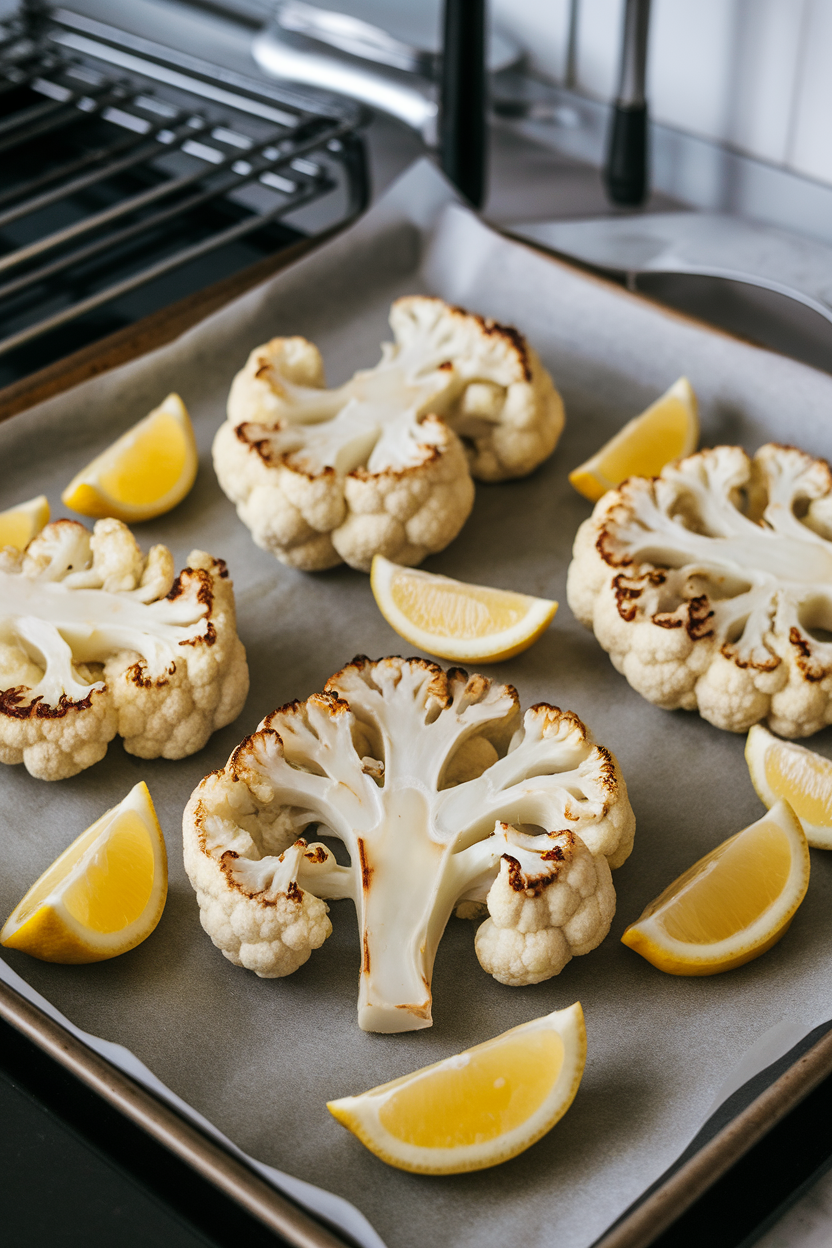 An indoor baking sheet displaying thick cauliflower steaks with browned edges and lemon wedges. Photo, no text or logos.