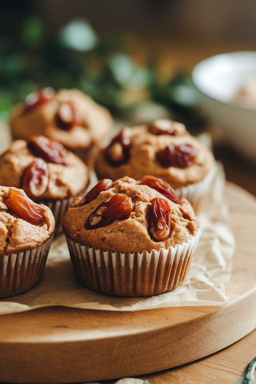 Indoor photo of date and walnut muffins with chopped dates visible inside, warm soft lighting, no text or logos