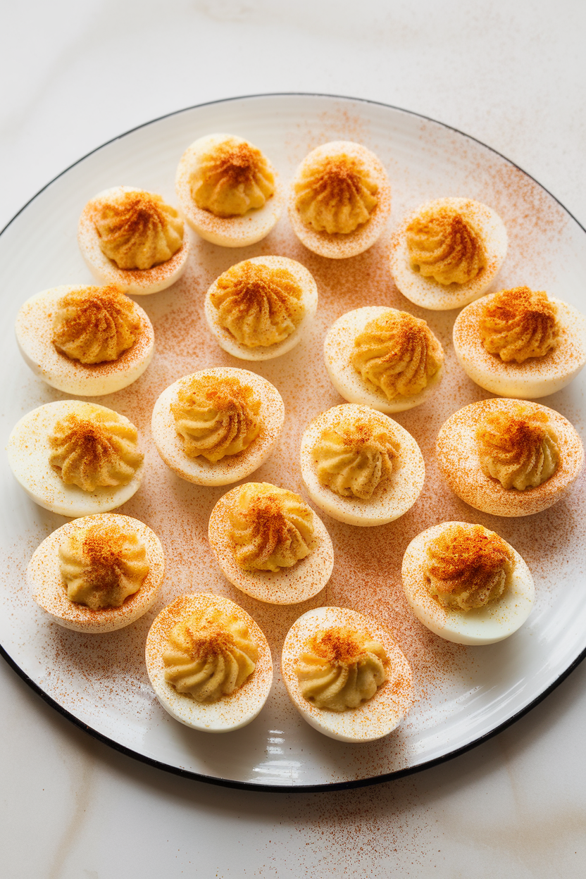 Indoor photo of deviled eggs on a white platter dusted with paprika, no text or logos