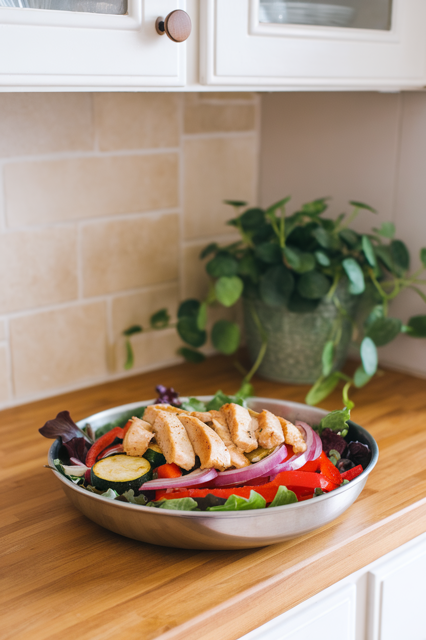Indoor kitchen counter with a sheet-pan bowl of roasted zucchini, bell peppers, red onion, and chicken strips over mixed greens — no text or logos