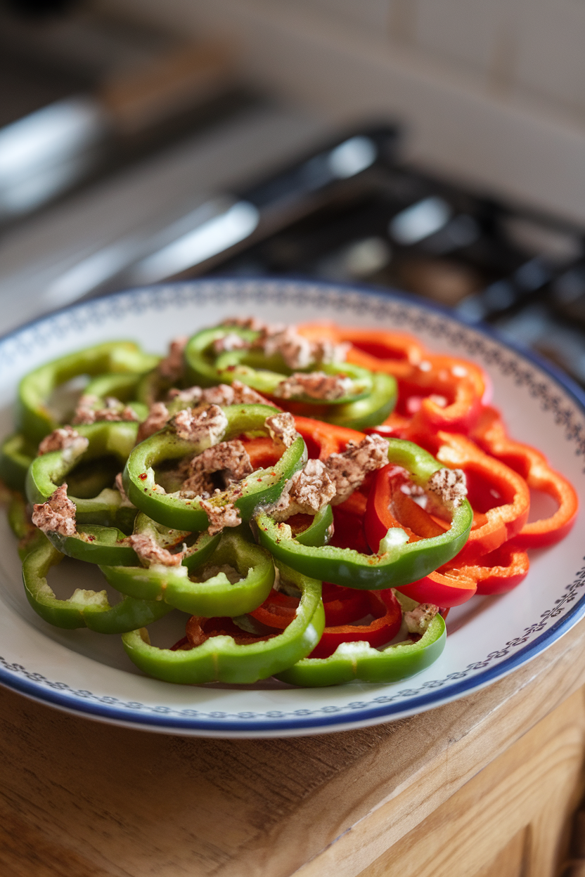 Indoor serving plate of green and red bell pepper rings dusted with dry ranch seasoning. No text or logos.