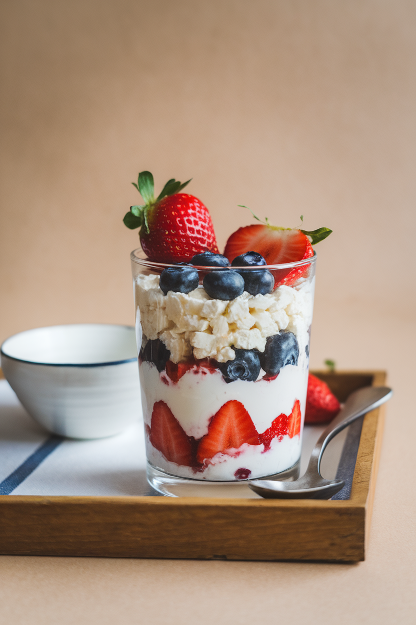 Photo of layered cottage cheese, blueberries, and strawberries in a clear glass, set on an indoor breakfast tray. No text or logos. Photo, not illustration.
