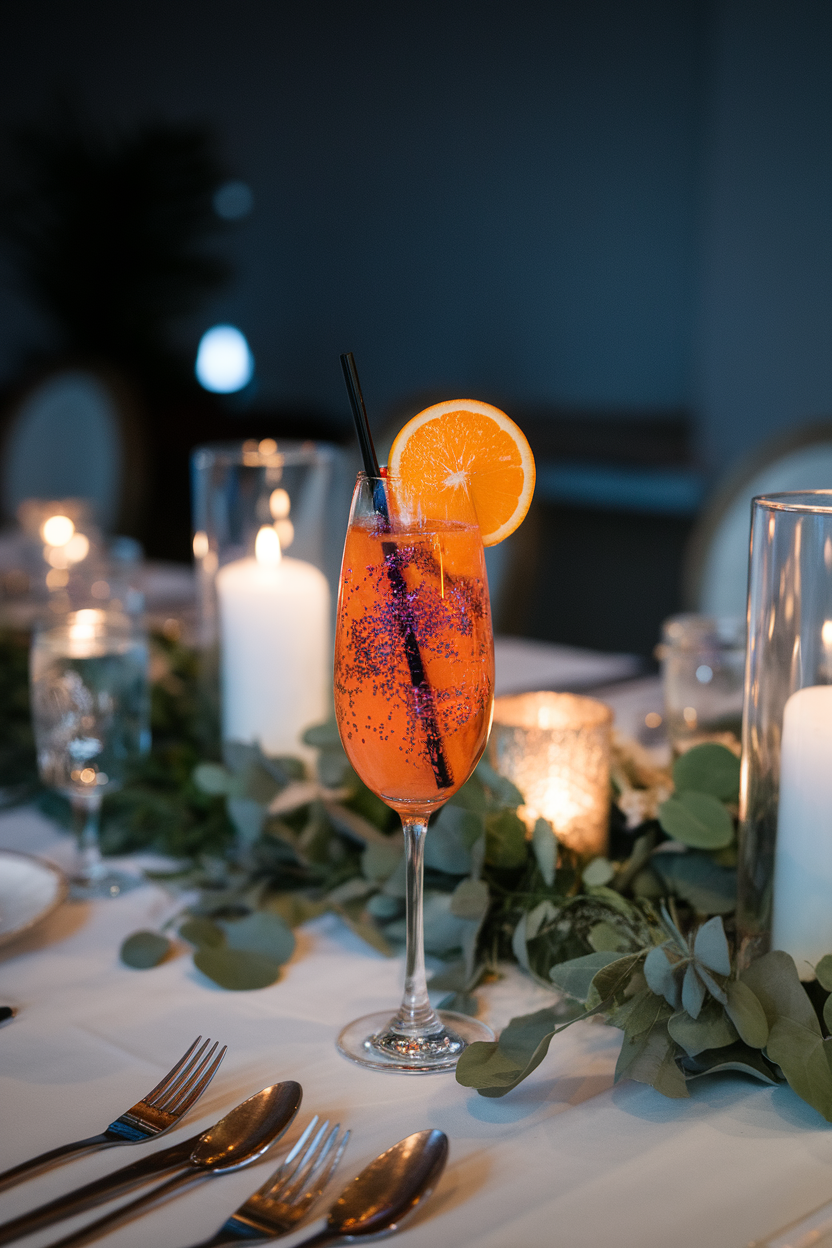 Indoor banquet table with flute of bright orange tangerine sparkler, tiny purple edible glitter swirling inside, thin slice of tangerine on rim. Photo, no text or logos.