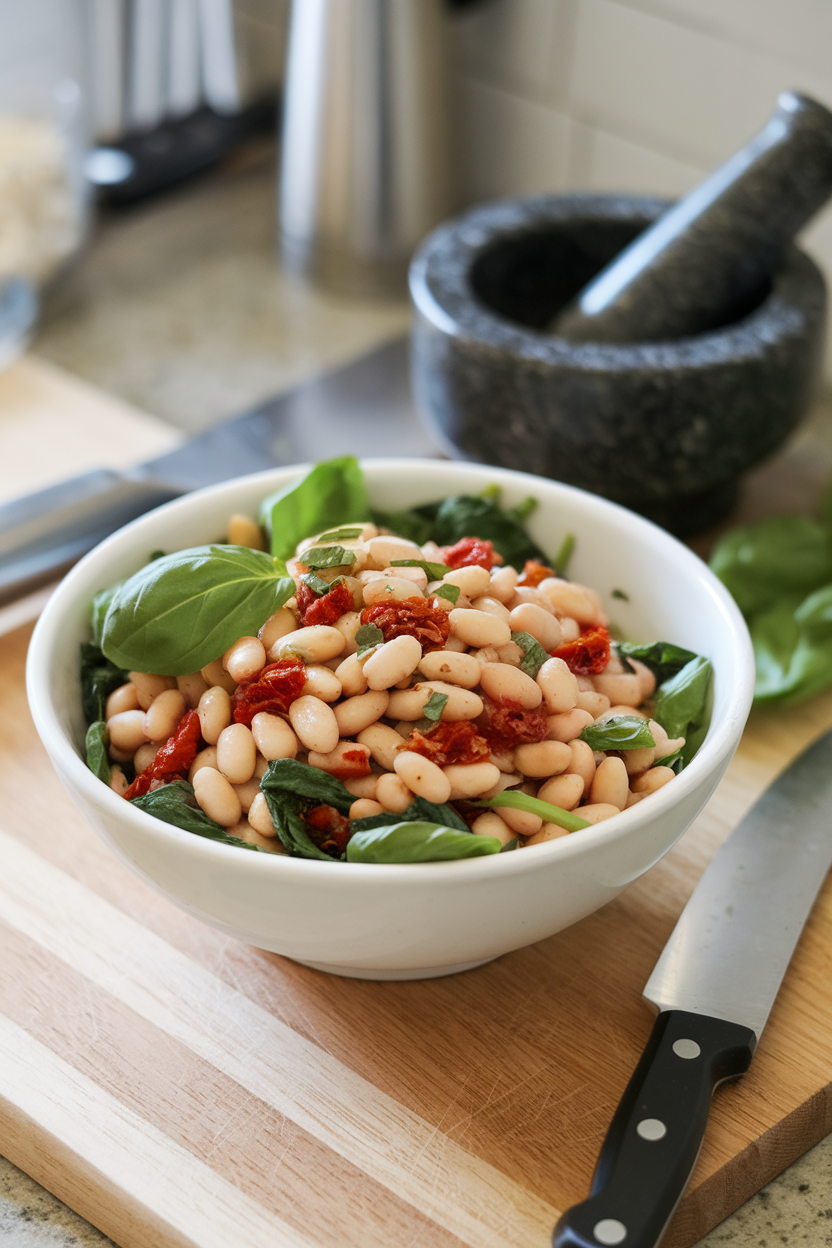 Photo of an indoor countertop scene showing a bowl of cannellini beans mixed with chopped sun-dried tomatoes, baby spinach, and fresh basil, lightly dressed. No text or logos.