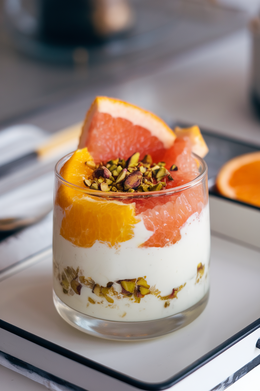 An indoor photo of a clear glass layered with thick Greek yogurt, orange segments, grapefruit slices, and crushed pistachios, sitting on a breakfast tray. No text or logos.