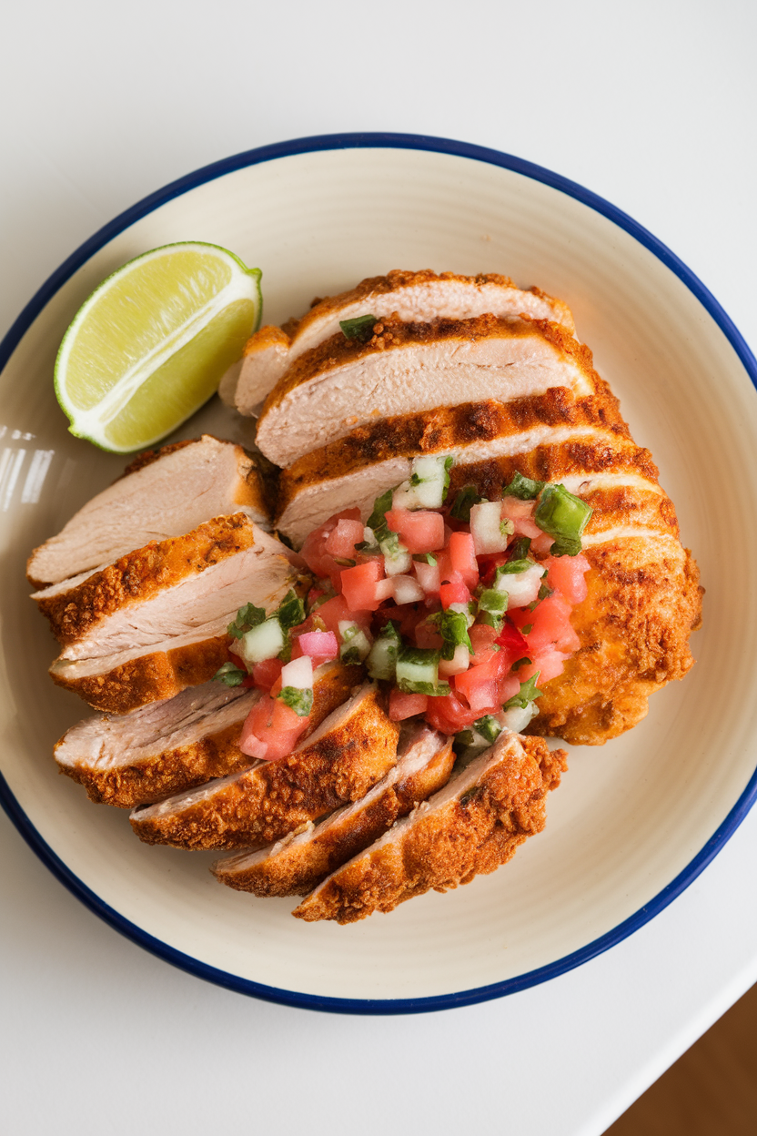 Indoor plate with sliced air-fried chicken breast topped with fresh pico de gallo, lime wedge on side, overhead view. No text or logos.