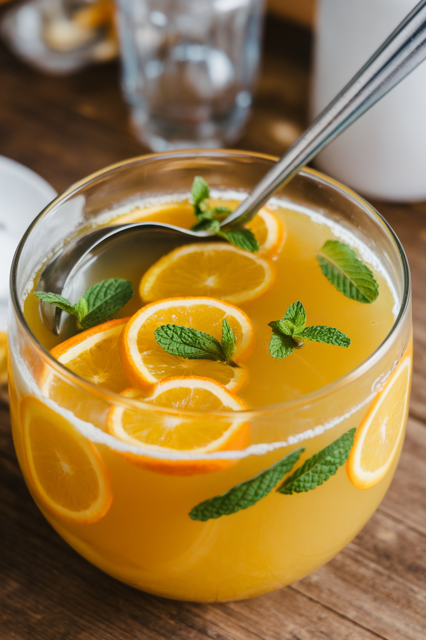 Indoor punch bowl filled with bright yellow passion fruit punch, floating orange wheels and mint sprigs, ladle resting inside. Photo, no text or logos.