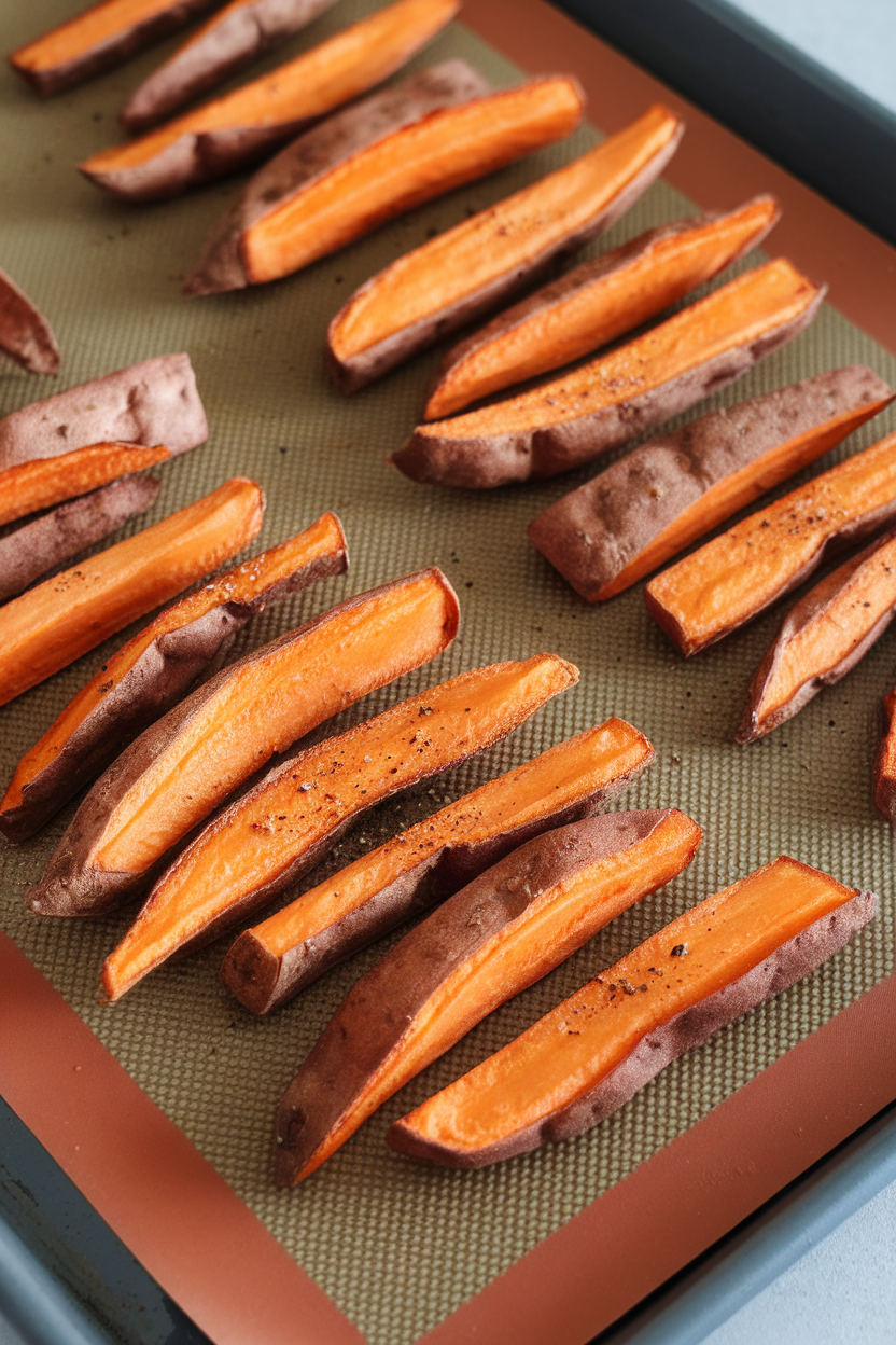 Indoor close-up of a silicone mat lined with baked sweet potato fries on a tray, no branding.