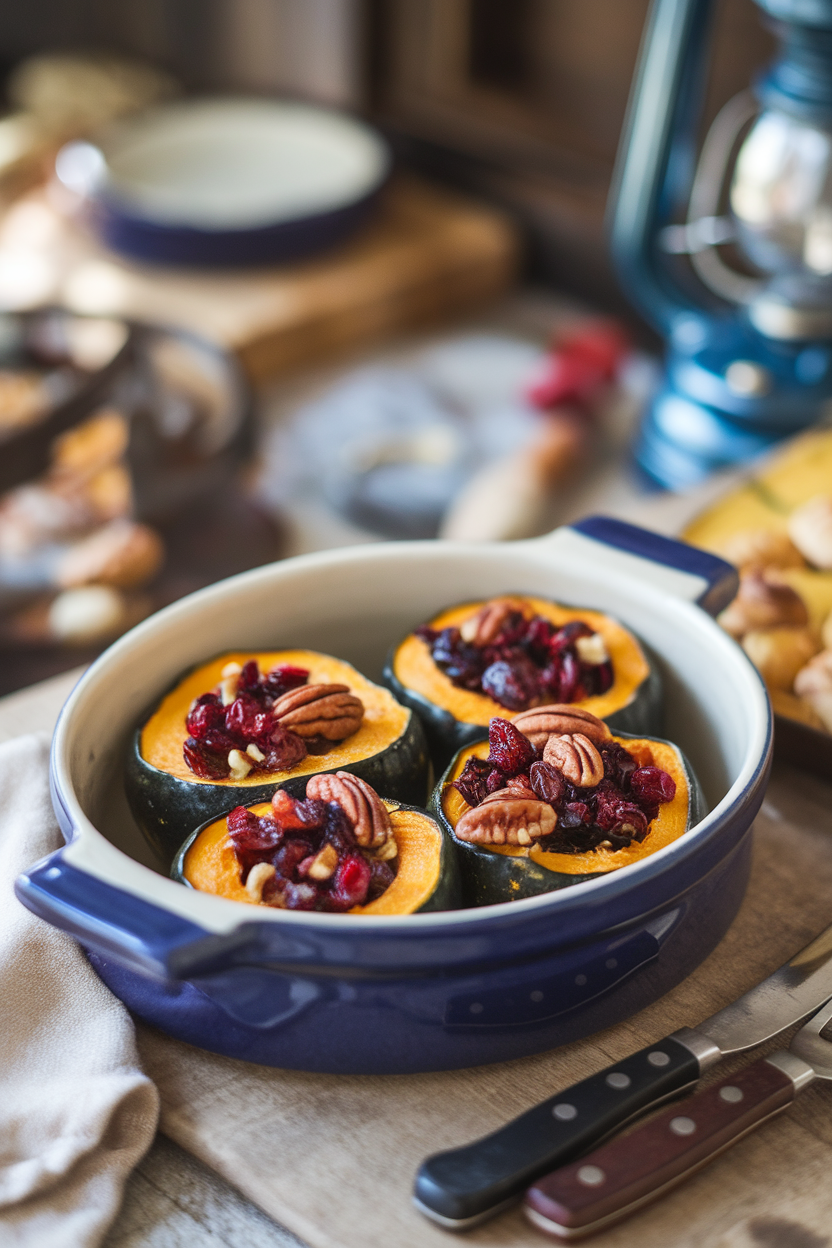 Indoor ceramic dish holding roasted acorn squash rings topped with dried cranberries and chopped pecans. Warm light, no text or logos.