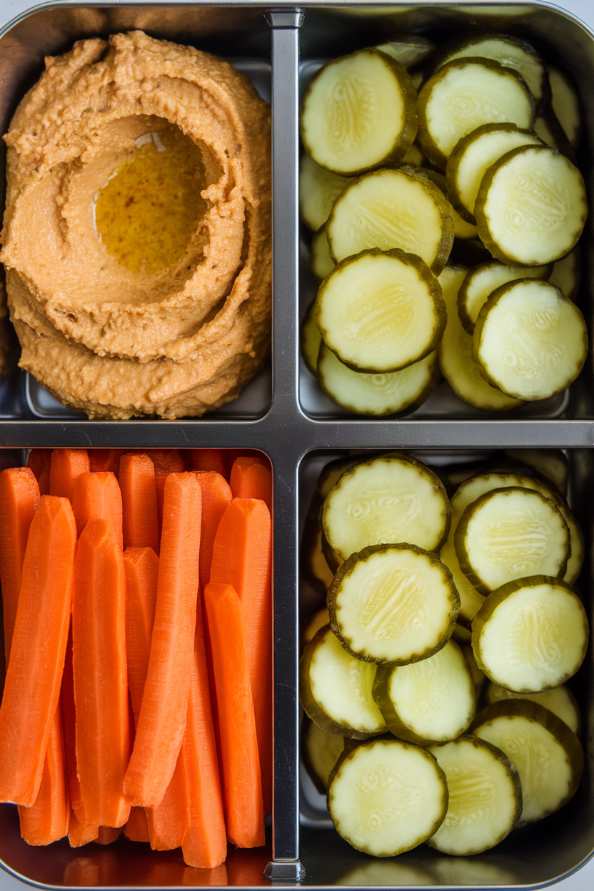 Indoor lunchbox compartments holding hummus, sliced fermented pickles, and carrot sticks. No text or logos present.