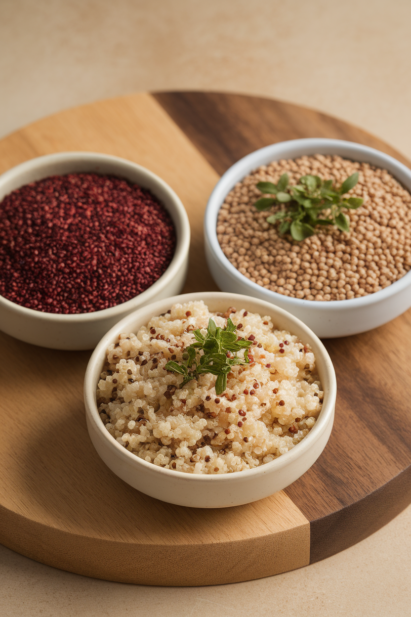 Indoor photo of cooked quinoa, millet, and amaranth in separate small bowls on a wooden board; no text or logos.