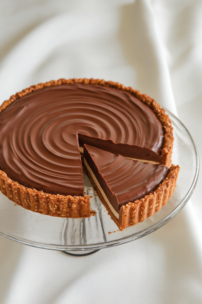 An indoor serving board showing a shiny chocolate tart with a slice removed, revealing creamy filling over a nut crust—no text or logos; photo, not illustration