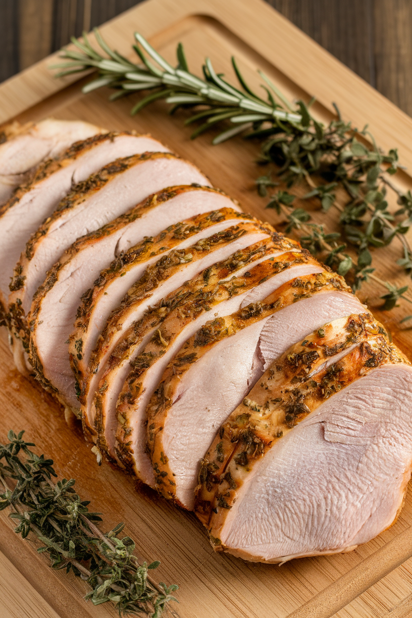 Indoor carving board holding sliced turkey breast seasoned with mixed herbs, sprigs of fresh rosemary and thyme nearby. No logos or text.