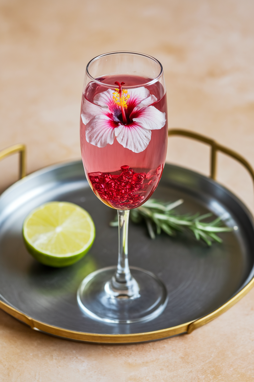 An indoor cocktail tray displaying a flute with an edible hibiscus flower blooming at the bottom, crimson bubbles rising. Photo, not illustration. No text or logos.