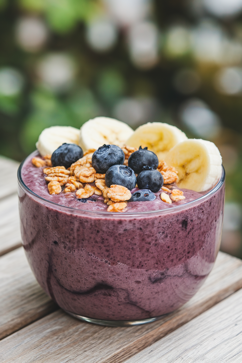 An indoor bowl filled with thick blueberry smoothie topped with sliced banana and granola clusters. No text or logos. Photo only.