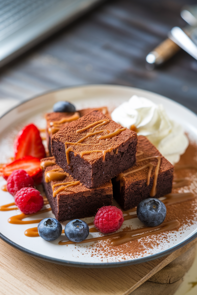 Indoor dessert plate with fudgy chocolate brownie squares dusted lightly with cocoa powder, close-up. No text or logos.