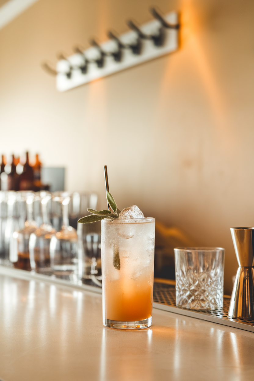 A bright indoor bar showing a tall Collins glass with pear-colored cocktail, ice spear, and a sage leaf garnish. No text or logos; photograph, not illustration.