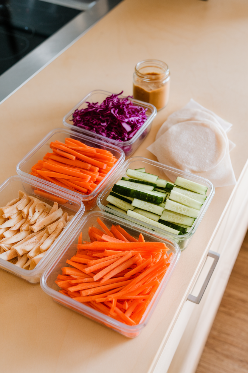 Indoor countertop displaying separated containers of julienned carrots, red cabbage, cucumber, rice paper wrappers, and a jar of peanut dipping sauce. No text or logos present.