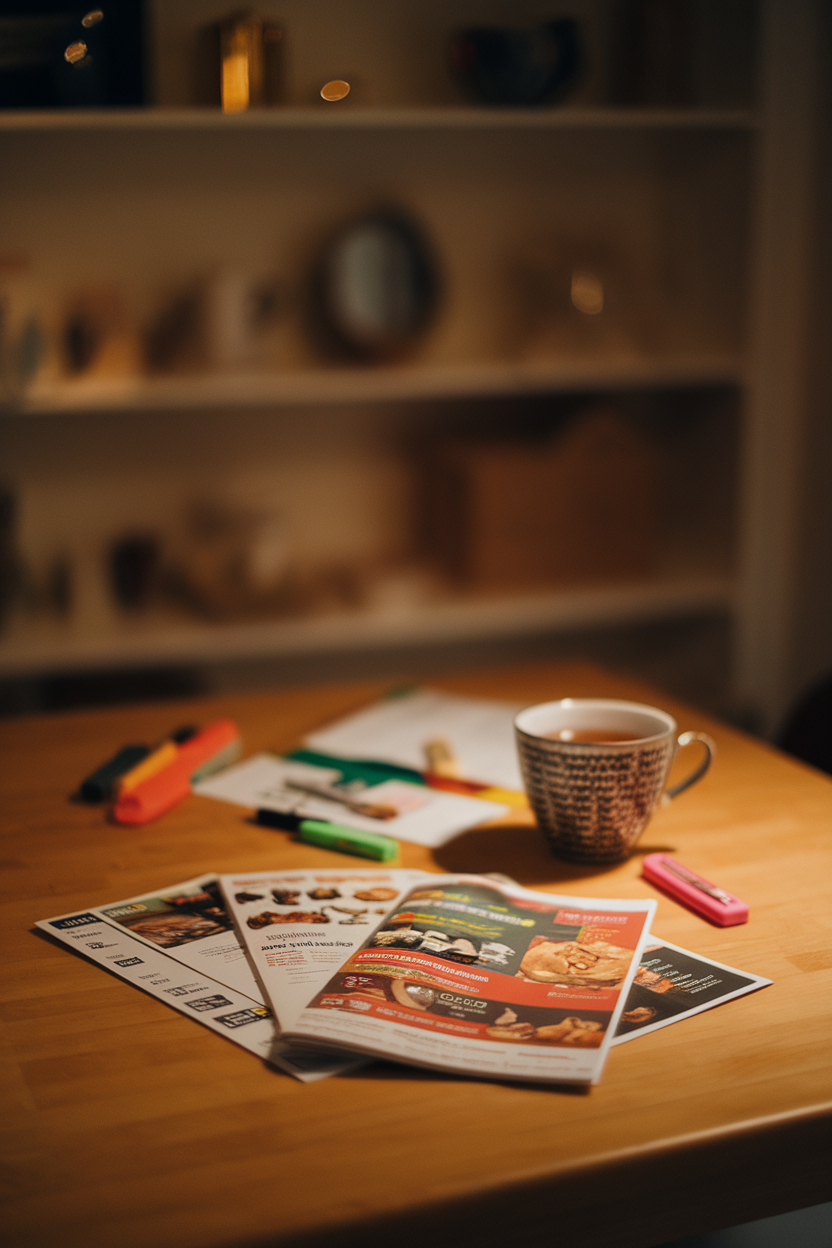 An indoor dining table featuring printed grocery flyers, highlighters, and a cup of tea, warm light, photo, no text or logos
