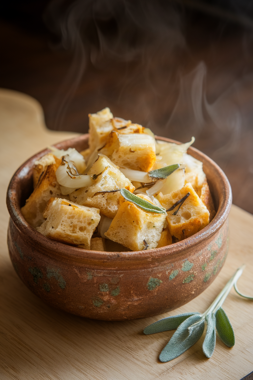 Indoor photo of a rustic ceramic bowl filled with golden-brown cubes of bread studded with sautéed onions and flecks of fresh sage, steam rising gently. No text or logos.