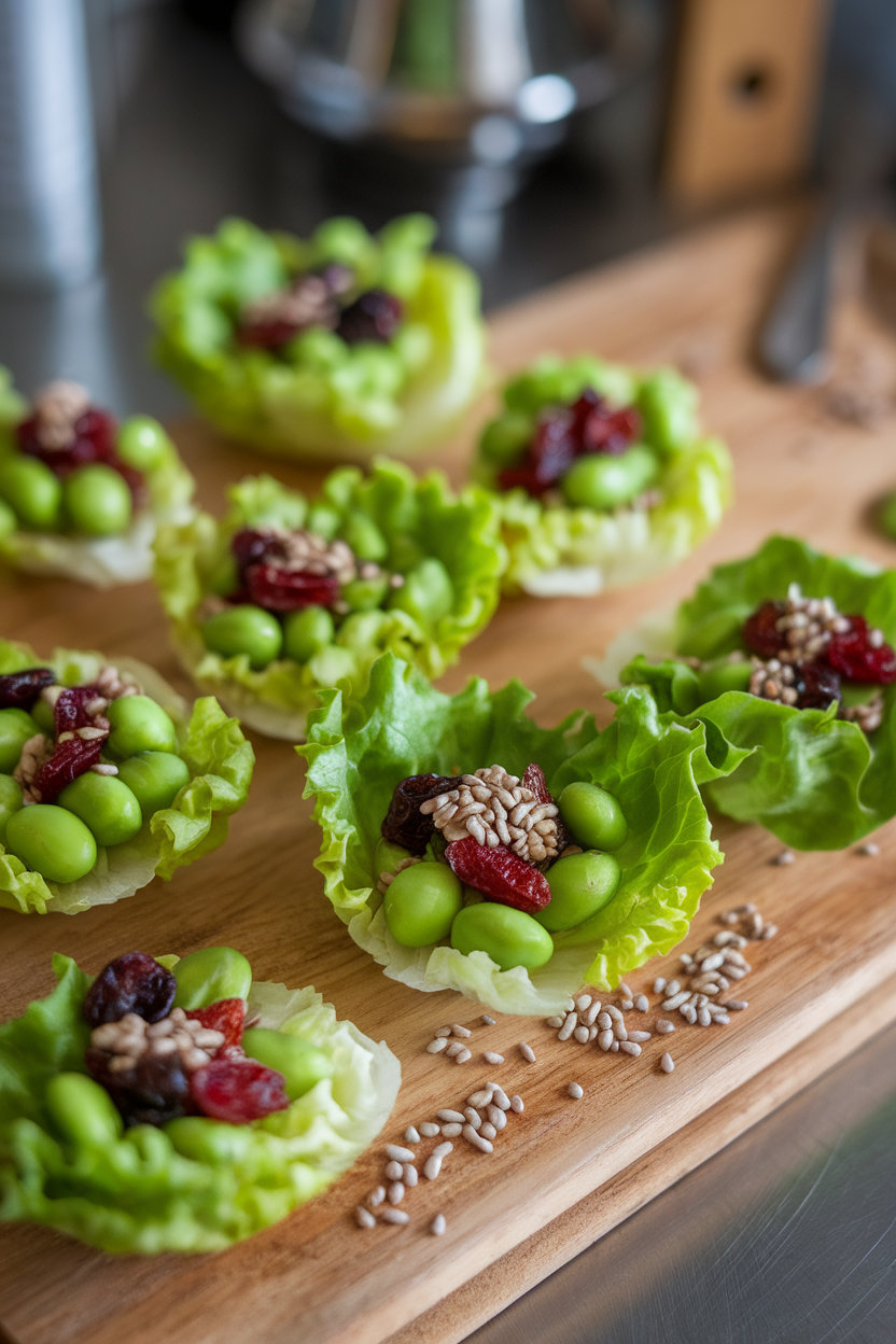 Small butter lettuce cups indoors filled with green edamame, dried cranberries, and sunflower seeds. Photo, no text or logos.