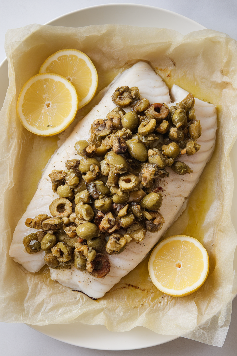 Indoor photo of a white fish fillet baked to flaky perfection, topped with chunky olive tapenade and lemon slices on parchment paper; overhead angle, no text or logos