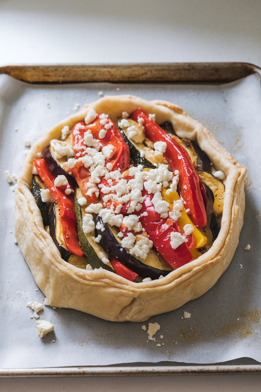 An indoor baking sheet showing a free-form pastry filled with colorful roasted vegetables and feta crumbles, edges folded rustically, no text or logos.