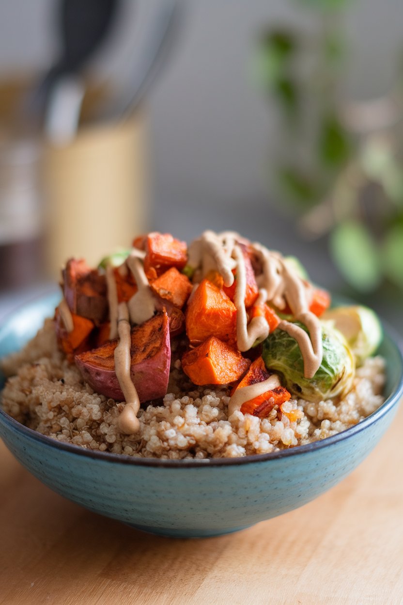 An indoor bowl featuring quinoa topped with roasted sweet potato, Brussels sprouts, and tahini drizzle. Photo, no text or logos.